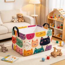 1PC Collapsible Fabric Storage Bin With Colorful Cartoon Cat Faces Print, Multifunctional Organizer For Clothes, Sundries And Toys, Home Decor, Room Decor, Bedroom Decor - Multicolor - View 5