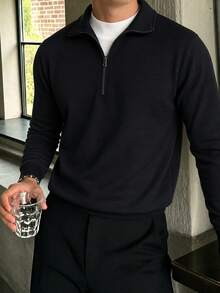 Men's Autumn/Winter Casual Versatile Daily Commute Patchwork Loose Drop Shoulder Zip-Up Polo Shirt - Black - View 3