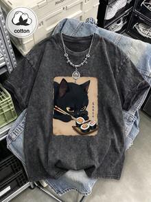 Plus Size Women's Vintage Washed T-Shirt, Printed With Cute Cat Pattern, Pure Cotton Material, Summer T-Shirt, Autumn Plus Size Casual Black Clothing - Black - View 11