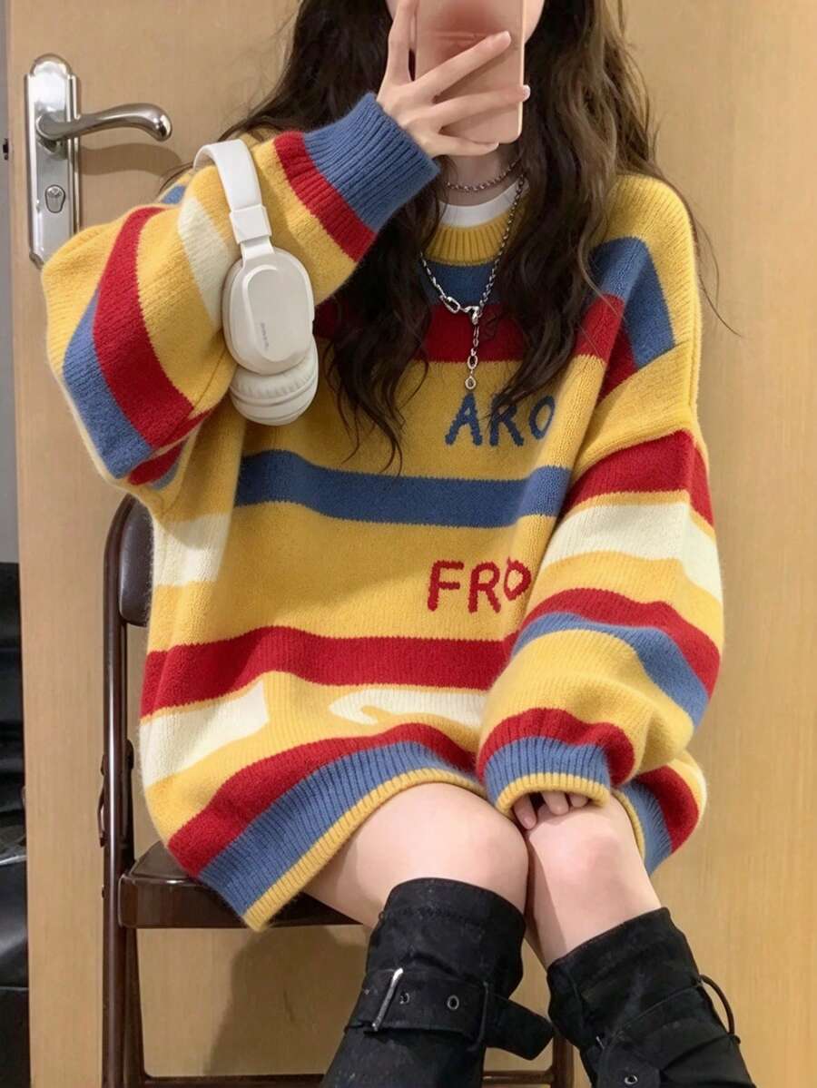 1pc Women's Loose Rainbow Striped Pullover Sweater, Autumn/Winter Long Sleeve Knit Top - Yellow - View 1