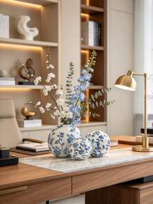 1PC Chinoiserie Blue & White Floral Sphere Ceramic Vase Set, Round Decorative Flower Vases For Living Room Entryway Balcony Home Decor - Blue and White Porcelain Round Vase - View 6