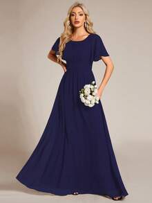 EVERPRETTY Gaun Bridesmaid Chiffon Biru Tua yang Elegan, Gaun Panjang Anggun dengan Detail Kerut di Bagian Dada dan Lengan Pendek Berumbai, Cocok untuk Acara Formal - Navy Blue - View 6