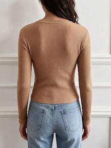 QUNGIGU Women Casual Ribbed Knit Pullover V Neck Long Sleeve Slim Fit Tops Casual Clothes For Daily Commuting Going Out Dating - Khaki - View 9