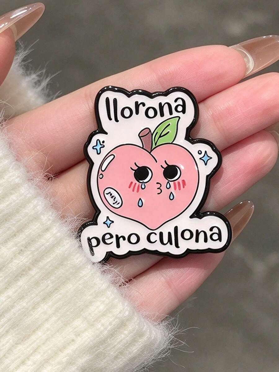 QIHOO 1pc Cartoon Blush Peach Enamel Brooch Spanish Text Lapel Pin Cute Accessory For Clothing And Bags - Multicolor - View 1