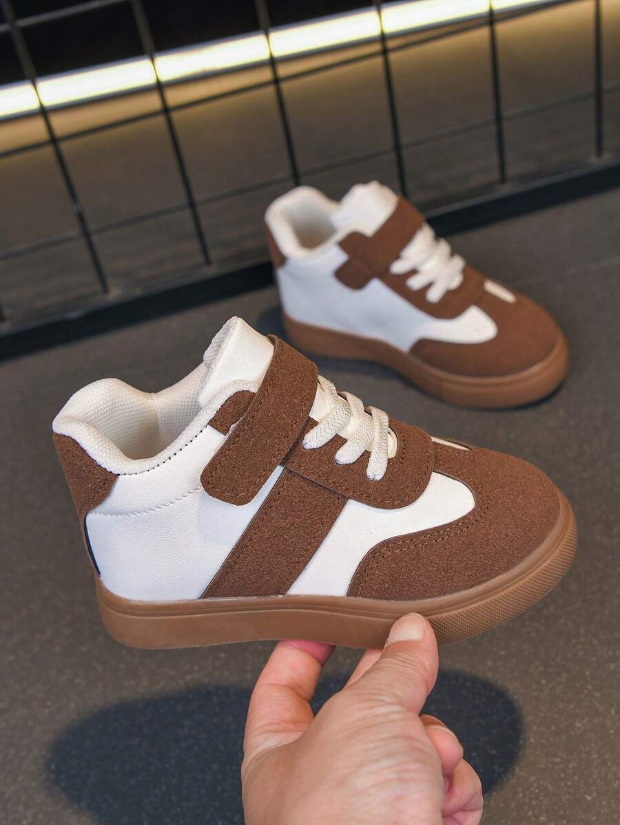 Children's Hook And Loop Colorblock Board Shoes, Unisex Retro Casual Sports Sneakers, Non-Slip Soft Sole, Spring/Autumn - Brown - View 1
