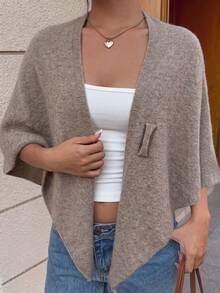 Fashion Women's Open Front Knit Cardigan, Asymmetric Hem And Knotted Cross Design, Regular Length 3/4 Sleeve Sweater, Medium Stretch Autumn Fashion Warm Top Shawl - Khaki - View 5