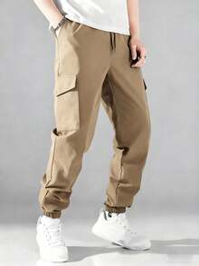 Men's Solid Color Lightweight Minimalist Multi-Pocket Cargo Pants, Fashionable Tapered Leg, Campus Style Outdoor Hiking Casual Pants - Khaki - View 2