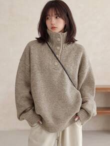 Alicedudu Women's Autumn/Winter Vintage Style Half-Button Loose Pullover Sweater - Khaki Gray - View 1