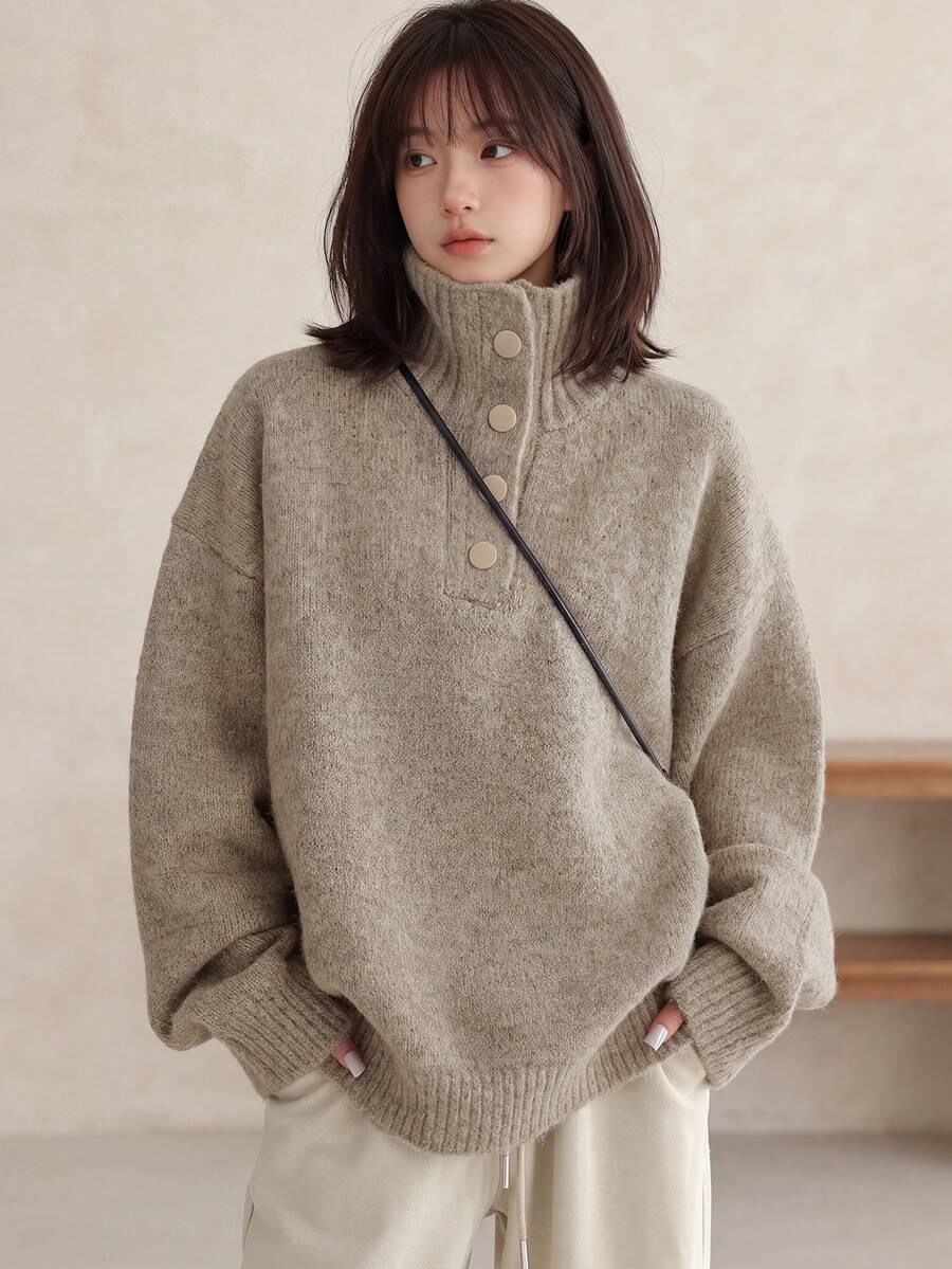 Alicedudu Women's Autumn/Winter Vintage Style Half-Button Loose Pullover Sweater - Khaki Gray - View 1