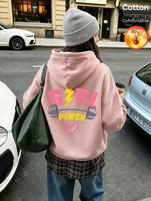 Women's Autumn/Winter Fleece Hoodie, "Girl Power" Graphic With Dumbbell And Heart Print, Y2K Style - Sand Red - View 1