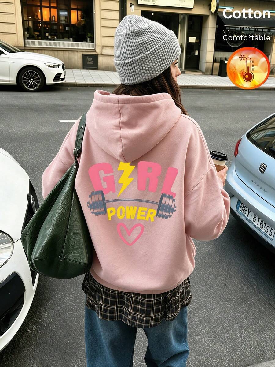 Women's Autumn/Winter Fleece Hoodie, "Girl Power" Graphic With Dumbbell And Heart Print, Y2K Style - Sand Red - View 1