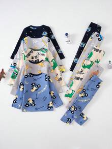 5 Sets Send 1 Set Random Young Boy Fleece Lined Thickened Dinosaur Print Long Sleeve Long Pants Pajama Set Autumn Wear Home Clothes - Light Grey - View 2