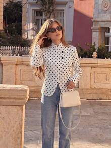 Women's Stand Collar Polka Dot Jacket, Asymmetric Button Long Sleeve Slim Fit Casual Outerwear - White - View 2