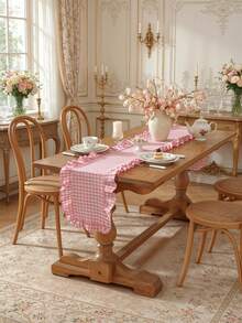 1/20PCS French Style Plaid Vintage Ruffle Edge Table Runner, Suitable For Living Room, Dining Room, Holiday Party, Family Gathering, Wedding Banquet, Birthday Table Decoration, Washable - Pink - View 1