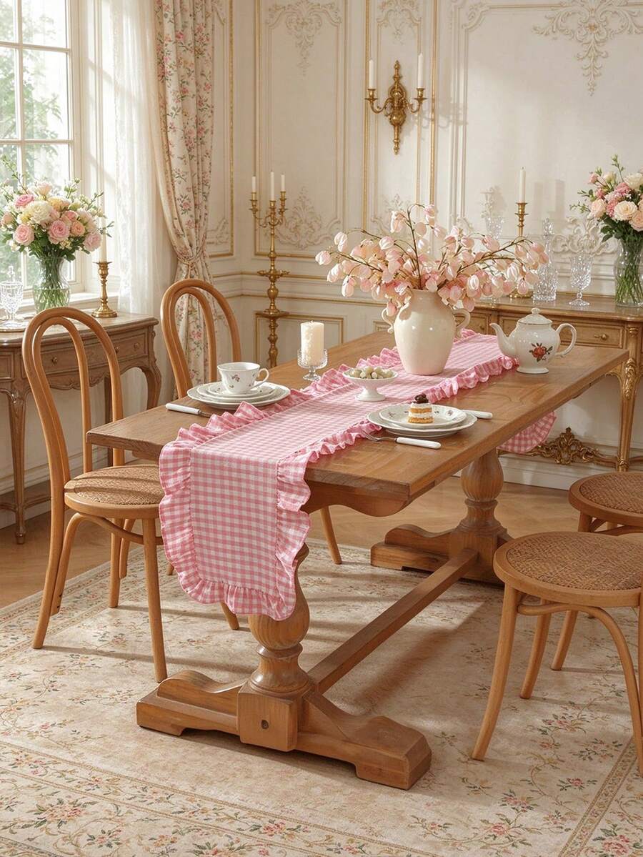 1/20PCS French Style Plaid Vintage Ruffle Edge Table Runner, Suitable For Living Room, Dining Room, Holiday Party, Family Gathering, Wedding Banquet, Birthday Table Decoration, Washable - Pink - View 1