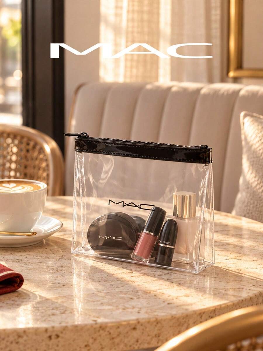 Tas Organizer Makeup PVC Transparan MAC, Tas Perlengkapan Mandi Perjalanan Transparan dengan Logo MAC Klasik, Kotak Kosmetik Resleting Tahan Air untuk Penggunaan Sehari-hari, Liburan, Perjalanan Bisnis, dan Bawaan Bandara - Clear - View 1
