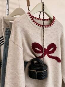 Autumn/Winter Cute Bow Pattern Short Knitted Sweater, Contrast Stitching Round Neck Drop Shoulder Loose Pullover - Apricot - View 2
