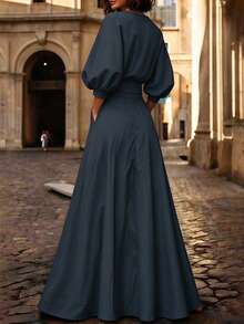 Solid Color Print Belt Decor V-Neck Puff Sleeve A-Line Maxi Dress Summer Elegant - Navy Blue - View 4