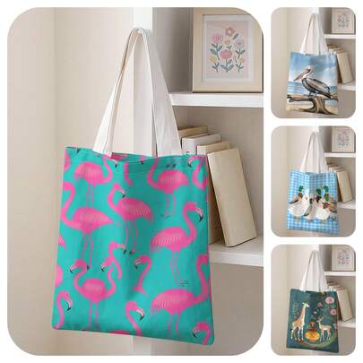 1pc Flamingo Print Blue One Shoulder Tote Bag, Large Capacity, Suitable For Books, Shopping And Daily Beach Travel, School Use, Ideal For Students And Women, Perfect Daily Bag Or Gift