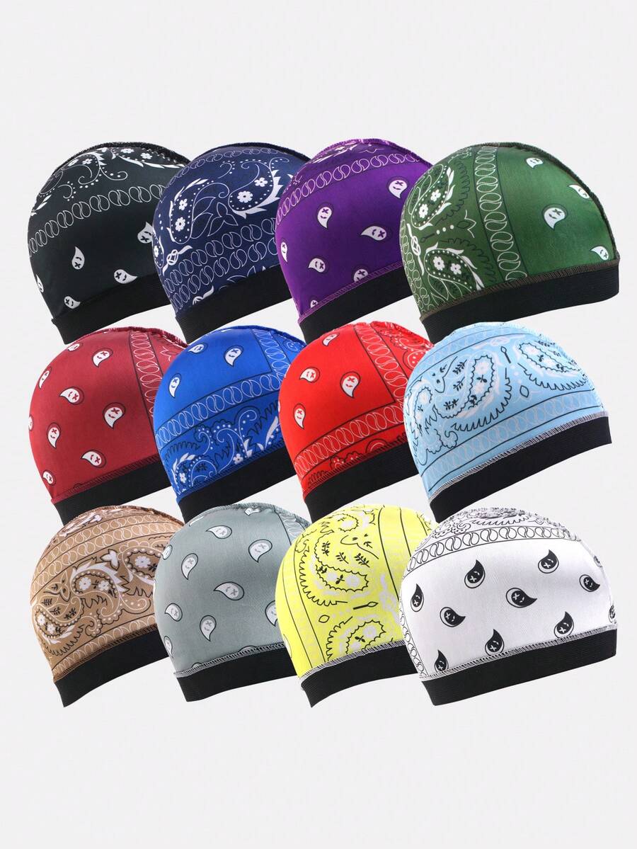 12PCS Men's Paisley Flower Faux Silk Wide Brim Elastic Chemotherapy Beanie Hat Suitable For Daily Use - Multicolor - View 1