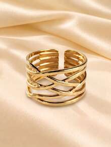 European And American Fashion Gold Multi-Layer Cross Woven Hollow Open Ring, Women's Personalized Wide Band Stackable Finger Ring, Minimalist High-End Daily Commute Date Party Versatile Accessory Gift - Gold - View 1