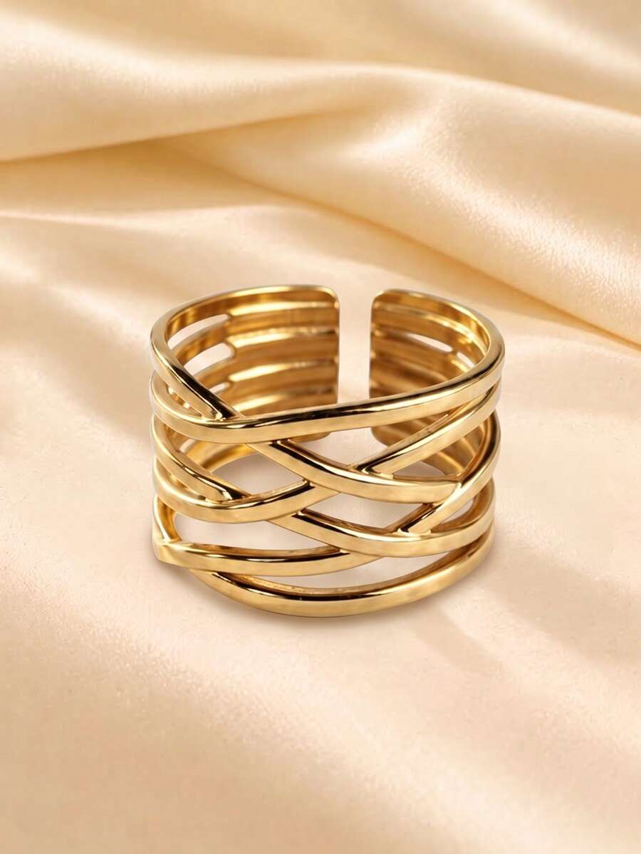 European And American Fashion Gold Multi-Layer Cross Woven Hollow Open Ring, Women's Personalized Wide Band Stackable Finger Ring, Minimalist High-End Daily Commute Date Party Versatile Accessory Gift - Gold - View 1