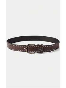 Noxbound 1pc Women's Coffee-Colored PU Leather Punk Style Double Row Rivet Decor Belt, Versatile Accessory Summer, School Fall, Autumn, Halloween - Coffee Brown - View 2