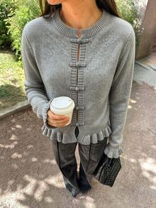Women's Fashion Versatile Casual Solid Color Button Long Sleeve Daily Cardigan Sweater - Grey - View 2