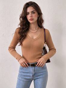 QUNGIGU Women Casual Ribbed Knit Pullover V Neck Long Sleeve Slim Fit Tops Casual Clothes For Daily Commuting Going Out Dating - Khaki - View 3