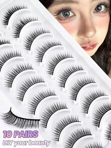 10 Pairs Natural Cat Eye Eyelashes, Thin 8D Cluster False Eyelashes, Short Length, Curly, 3D Dense Reusable Eyelash Clusters, False Eyelashes, Eyelashes - Black - View 1