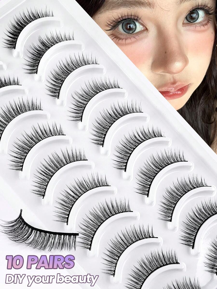 10 Pairs Natural Cat Eye Eyelashes, Thin 8D Cluster False Eyelashes, Short Length, Curly, 3D Dense Reusable Eyelash Clusters, False Eyelashes, Eyelashes - Black - View 1