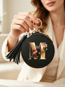 Unisex Multi-Functional Key Pouch, Earphone Bag, Data Cable Organizer, With Gold 26 Letters A-Z Pattern, Zipper Key Storage Bag, Floral Pattern Design, PU Faux Leather Organizer Bag, Zipper Pouch, Car Key Storage Bag, Car Key Chain, Portable Compact Key Pouch, Minimalist Design, Travel Accessory, Elegant Jewelry, Suitable For Home, Office, Travel, Car, Suitable For Men And Women, Ideal Gift For Friends, Family, Mother's Day - Multicolor - View 6