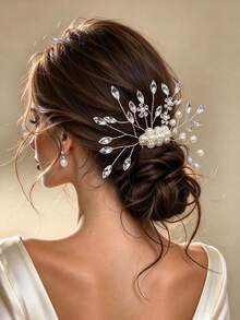 1pc Bridal Elegant Rhinestone & Pearl Hair Comb, Handmade Twisted Wire Leaf Metal Hair Comb, Banquet Wedding Updo Hair Accessory - Multicolor - View 1
