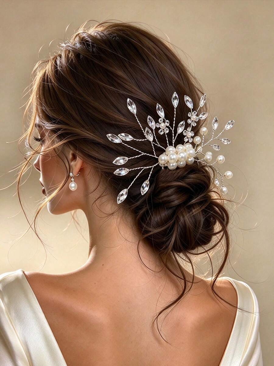 1pc Bridal Elegant Rhinestone & Pearl Hair Comb, Handmade Twisted Wire Leaf Metal Hair Comb, Banquet Wedding Updo Hair Accessory - Multicolor - View 1