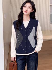 女款新款復古菱格紋針織V領開襟鈕扣背心，常規長度，適合秋冬疊穿 - 藏蓝色 - 查看 1