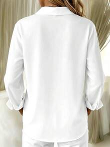 Basic Casual Women's Plus Size Autumn Long Sleeve Lightweight Button-Up Shirt - Black + White - View 5