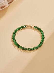 3pcs Luxury Gold-Tone Copper Women's Bracelet Set, Emerald Green Cubic Zirconia Inlaid, Stackable Tennis Chain Jewelry For Wedding, Party, Gift - Green - View 2