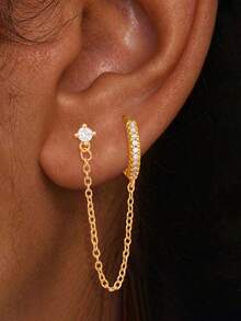 1 Piece 18K Gold Plated Chain Dangle Drop Earrings And Zirconia Pendant Hoop Earring For Women Vacation Party Jewelry Accessories - Chain Earrings 1PC - View 3