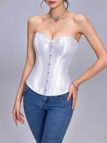 Vintage Court Style Satin Corset Top, Waist-Cinching Body-Shaping Bustier, Sexy Shaping Top For Women, Halloween Costume, Role Play, White Corset Top - White - View 8