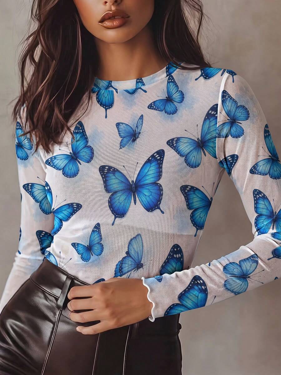 Women Blue Butterfly Print Mesh Long Sleeve Top, Crew Neck Sheer See Through Slim Fit Shirt, Ruffle Cuff Casual Layering Tee - Multicolor - View 1