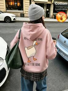 Höst/vinter dam hoodie i fleece med ankmönster och engelsk text Y2K - Sandröd - Visa 2
