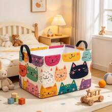 1PC Collapsible Fabric Storage Bin With Colorful Cartoon Cat Faces Print, Multifunctional Organizer For Clothes, Sundries And Toys, Home Decor, Room Decor, Bedroom Decor - Multicolor - View 3