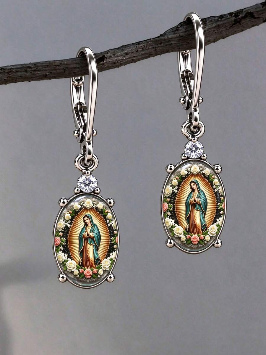 Hand-Painted Virgin Mary Earrings Vintage Floral Icon Stud Earrings Catholic Religious Jewelry Gift For Women - Silver - View 1