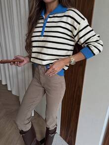 Women's New Autumn/Winter Polo Collar Contrast Color Knit Sweater, Casual Daily, College Style, Commuting - White and Black - View 4