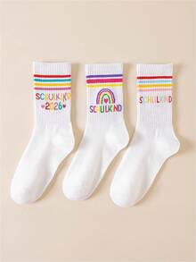 3 Pairs Women's Colorful Striped Mid-Calf Socks, Preppy Casual Tube Socks, Home & Sports Fashion Socks - Multicolor - View 1