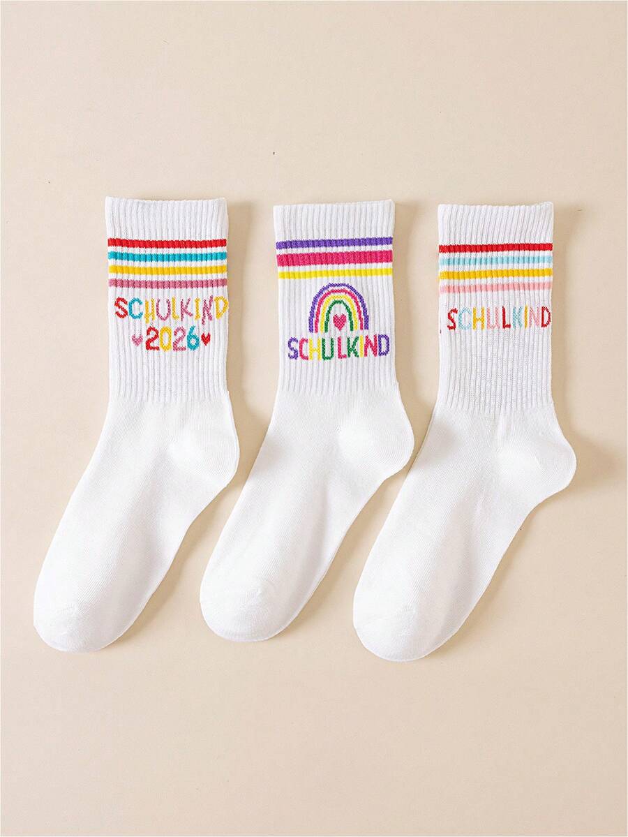 3 Pairs Women's Colorful Striped Mid-Calf Socks, Preppy Casual Tube Socks, Home & Sports Fashion Socks - Multicolor - View 1