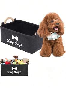 Wooden Handle Square Pet Storage Box - Durable Felt Pet Toy Storage Bin - Polyester Material, Suitable For Cat And Dog Toys, Blankets, Leashes And Pet Food Laundry Basket With Handle Home Storage Box, No Battery Required - Multicolor - View 3