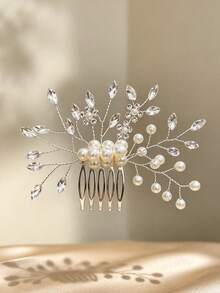 1pc Bridal Elegant Rhinestone & Pearl Hair Comb, Handmade Twisted Wire Leaf Metal Hair Comb, Banquet Wedding Updo Hair Accessory - Multicolor - View 5