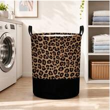 1 buah Keranjang Cucian Bulat Motif Leopard & Hitam dengan Pegangan, Keranjang Penyimpanan Pakaian Kotor Lipat Kapasitas Besar, Tempat Penyimpanan Serbaguna untuk Kamar Tidur, Kamar Mandi, Ruang Cuci, Asrama, Dekorasi Rumah - MultiWarna - View 1