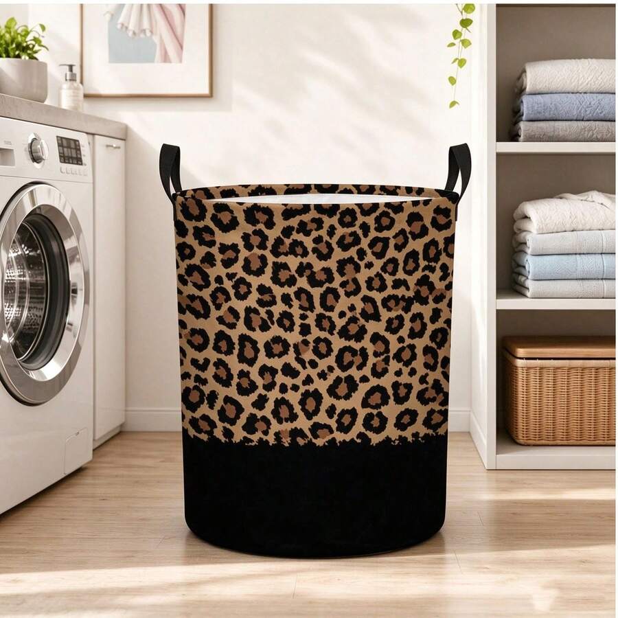 1 buah Keranjang Cucian Bulat Motif Leopard & Hitam dengan Pegangan, Keranjang Penyimpanan Pakaian Kotor Lipat Kapasitas Besar, Tempat Penyimpanan Serbaguna untuk Kamar Tidur, Kamar Mandi, Ruang Cuci, Asrama, Dekorasi Rumah - MultiWarna - View 1